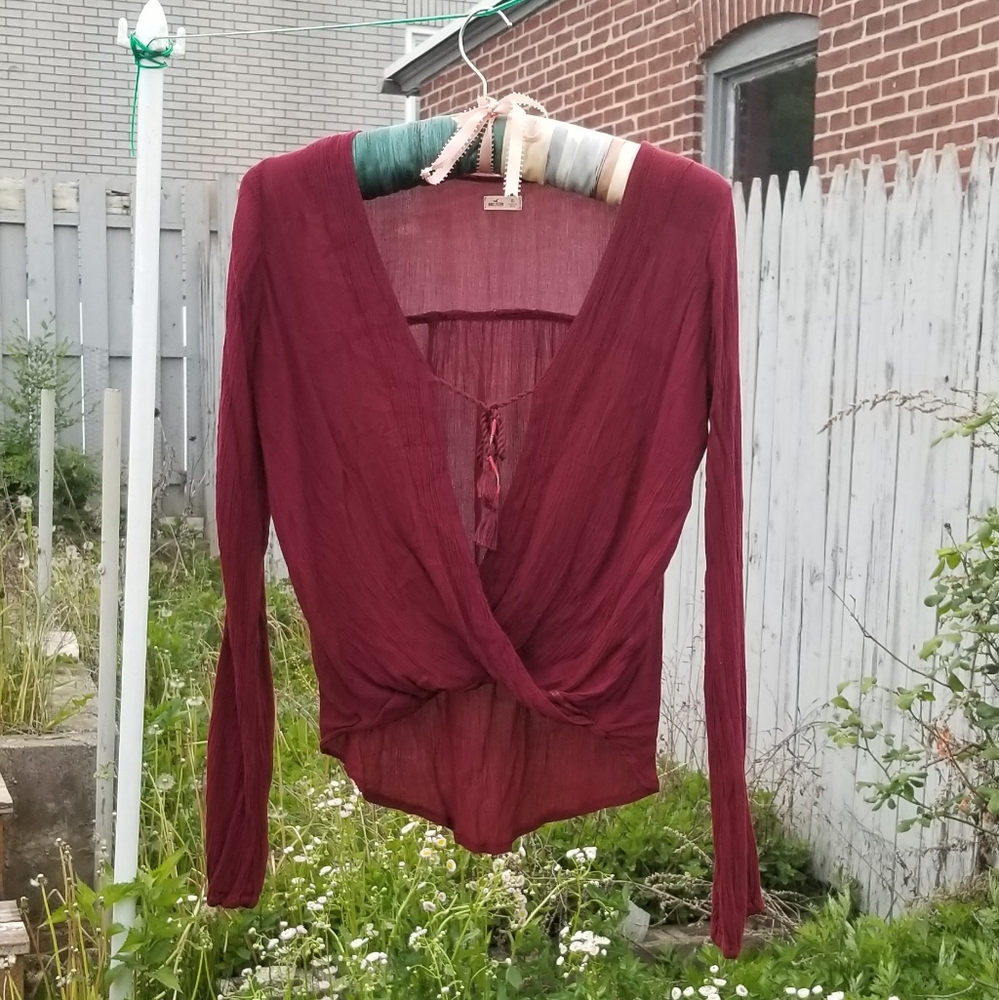 Faux Wrap Boho Peasant Crop Top Burgundy Tie Front